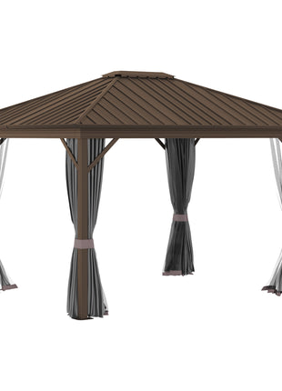 10' x 12' Hardtop Gazebo with Curtains and Netting, Permanent Pavilion Metal Single Roof Gazebo Canopy with Aluminum Frame and Hooks, for Garden, Patio, Backyard, Gray