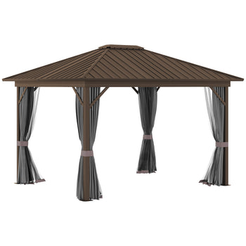 10' x 12' Hardtop Gazebo with Curtains and Netting, Permanent Pavilion Metal Single Roof Gazebo Canopy with Aluminum Frame and Hooks, for Garden, Patio, Backyard, Gray