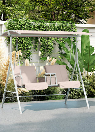 2-Seater Outdoor Porch Swing with Canopy and Table, Patio Swing Chair for Garden, Poolside, Backyard, Beige