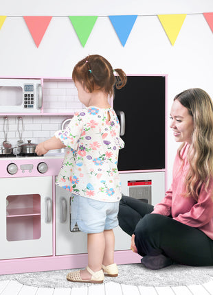 Pretend Play Kitchen, Kids Kitchen Playset with Play Phone, Chalkboard, Towel Rack & Ice Maker for 3-8 Years Pink