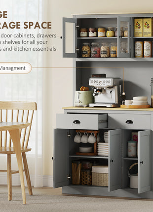 Freestanding Kitchen Cabinet, 71" Tall Pantry Cabinet, Modern Hutch with Wide Countertop, Adjustable Shelves, Gray