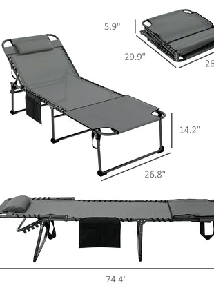 Folding Chaise Tanning Lounge Chair w/ 5-level Reclining Back, Reading Hole, Side Pocket, Headrest, Gray