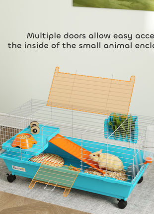 35"L Small Animal Cage, Rolling Bunny Cage, Guinea Pig Cage with Wheels, Food Dish, Water Bottle, Hay Feeder, Blue