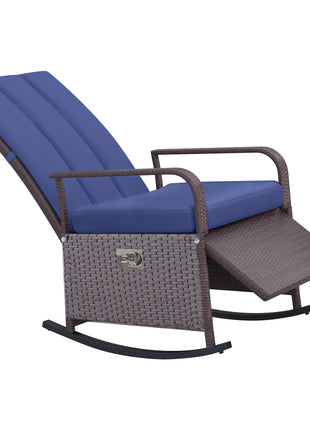 Outdoor Rattan Wicker Rocking Chair Patio Recliner with Soft Cushion, Adjustable Footrest, Max. 135 Degree Backrest, Blue