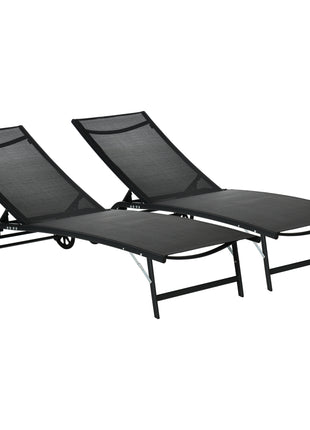 Chaise Lounge Outdoor, 2 Piece Lounge Chair with Wheels, Tanning Chair with 5 Adjustable Positions for Patio, Beach, Yard, Pool, Black