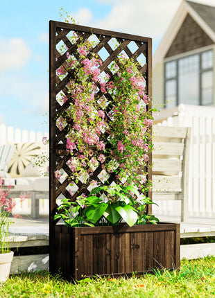 Wooden Raised Garden Bed Planting Planter Box with Trellis and Drain Holes for Climbing Vine Plants, Brown