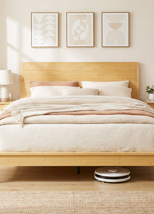 Queen Size Bamboo Platform Bed Frame with Headboard and 12 Poplar Slats, No Box Spring Needed, Easy Assembly, Natural