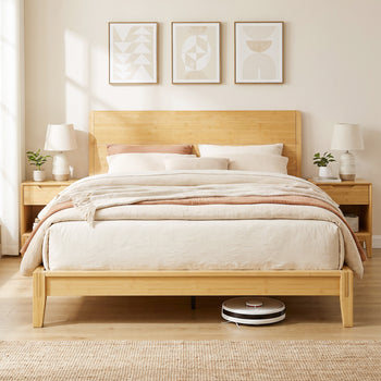 Queen Size Bamboo Platform Bed Frame with Headboard and 12 Poplar Slats, No Box Spring Needed, Easy Assembly, Natural