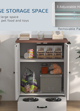Pet Feeding Station, Dog Food Storage Cabinet w/ Raised Dog Bowls, Adjustable Panel, Hooks for Medium Dogs, White