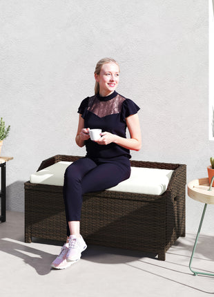 Outdoor Wicker Storage Bench with Storage & Cushion, Cream White