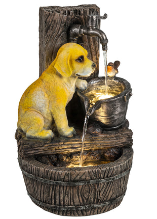 22" Outdoor Fountain with 3-Tier Puppy Theme, Resin Garden Fountain with LED Lights, Adjustable Flow, Rustic Brown