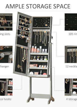 60" Full-Length Mirror Jewelry Storage Armoire w/ Lockable Door & Key, Gray