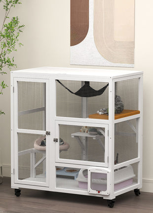 Cat House, Indoor Cat Enclosure on Wheels with Openable Top, 39", White