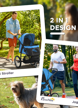 3 Wheels Pet Stroller for Small Dogs and Medium Dogs with Adjustable Canopy, Safety Tether, Storage Basket, Blue