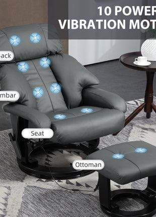 Swivel Recliner with Ottoman, Faux Leather Reclining Chair with Massage, Footstool Remote and Side Pocket, Gray