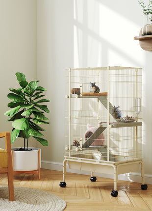 47" Small Animal Cage, 4 Levels Large Rolling Metal Ferret Cage w/ 5.9" Deep Tray, Ramps, Water Bottle, Food Dish, Beige