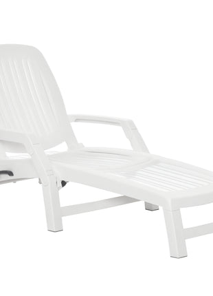 Outdoor Chaise Lounge Chair on Wheels with Storage Box, Waterproof Lounger with Quick Assembly, Folding Design, 5 Level Adjustable Backrest for Pool, Beach, Patio, Garden, White