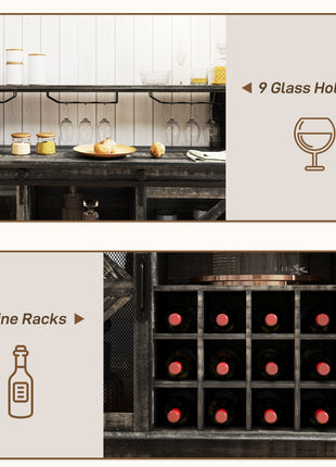 55" Coffee Bar Cabinet with Lights, Farmhouse Wine Cabinet with Wine and Glass Racks for Kitchen, Dining Room, Brown