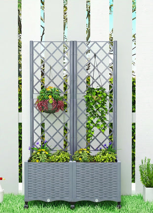 Planter Box with Trellis, Self Watering Raised Garden Bed with Lockable Wheels and Drainage Holes, Gray