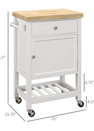Kitchen Island on Wheels, Rolling Kitchen Cart with Rubberwood Top, Drawer, Wine Rack and Cabinet, White