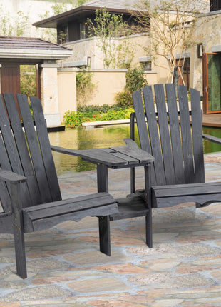 Outdoor Wood Adirondack Chair Reclined Bench w/ Coner Table & Umbrella Hole