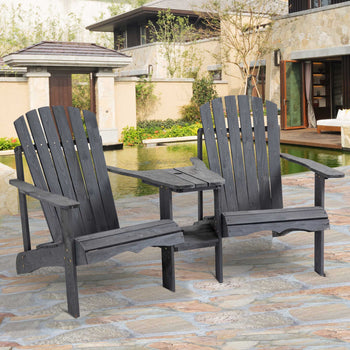 Outdoor Wood Adirondack Chair Reclined Bench w/ Coner Table & Umbrella Hole