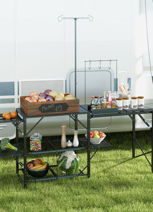 Folding Camp Kitchen, Camping Table Cooking Station with Adjustable Lamp Stand