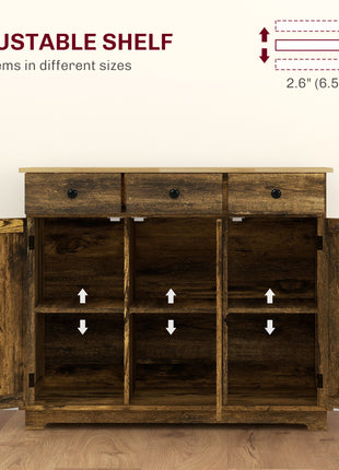 Kitchen Storage Cabinet, Sideboard Floor Cupboard with Solid Wood Top, Adjustable Shelf, and 3 Drawers, Brown