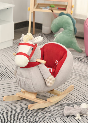 Kids Ride-On Rocking Horse Toy, Rocker with Lullaby Song, Hand Puppets & Soft Plush Fabric for Children 18-36 Months, Gray