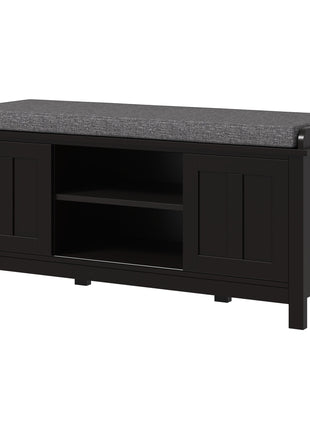 Modern Shoe Storage Bench, Entry Way Bench with Cushion, 2 Sliding Doors, Storage Ottoman Bench, Holds 10 Pairs, Black