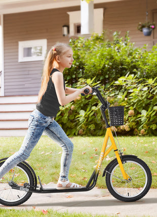 Youth Scooter, Kick Scooter with Adjustable Handlebars, Double Brakes, 16" Inflatable Rubber Tires, Basket, Orange