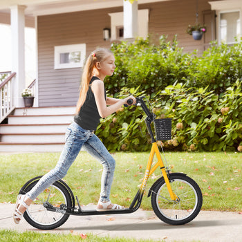 Youth Scooter, Kick Scooter with Adjustable Handlebars, Double Brakes, 16" Inflatable Rubber Tires, Basket, Orange
