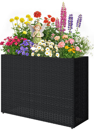 Tall Rectangular Planter with Removable Liner, Holes, PE Wicker Large Planter Box for Indoor Outdoor Plants, Black