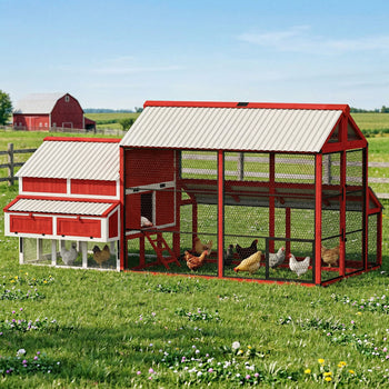 187.3" Large Chicken Coop, Walk-in Wooden Hen House, Outdoor Poultry Cage with Run, Weatherproof Roof, Nesting Box