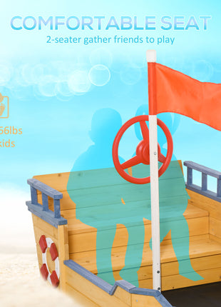 Kids Wooden Sandbox Pirate Ship Sandboat w/ Bench Seat Storage Space Ceder Wood