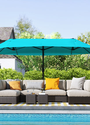 Patio Umbrella, 15' Steel Rectangular Outdoor Double Sided Market Umbrella with Base, Sun Protection & Easy Crank, Blue