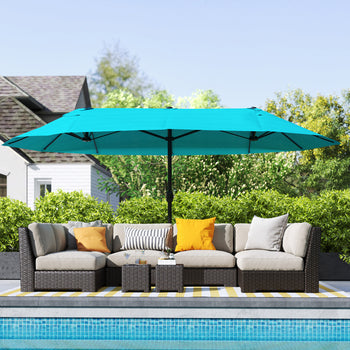 Patio Umbrella, 15' Steel Rectangular Outdoor Double Sided Market Umbrella with Base, Sun Protection & Easy Crank, Blue