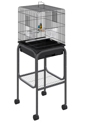 45-inch Metal Indoor Bird Cage, Parrot Cage, Bird Aviary with Detachable Rolling Stand, Storage Basket, and Accessories - Black