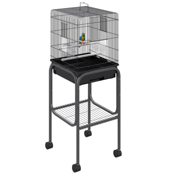 45-inch Metal Indoor Bird Cage, Parrot Cage, Bird Aviary with Detachable Rolling Stand, Storage Basket, and Accessories - Black