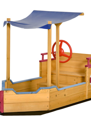 Kids Wooden Sandbox, w/ Canopy Bench Seat Storage Space, Aged 3-8 Years Old
