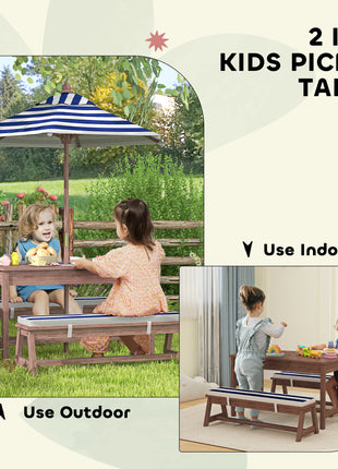 Outdoor Wooden Kids Picnic Table & Bench Set with Cushions and Umbrella, for Patio, Garden, Navy Blue