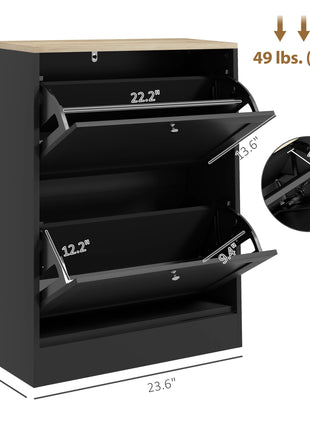 Slim Shoe Storage Cabinet, Modern Shoe Cabinet with 2 Flip Drawers and Adjustable Shelves for 8-12 Pairs, Black
