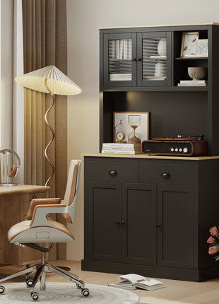 Freestanding Kitchen Cabinet, 71" Tall Pantry Cabinet, Modern Hutch with Wide Countertop, Adjustable Shelves, Black