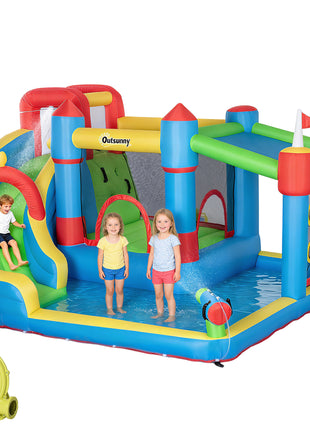 6-in-1 Inflatable Water Slide with Splash Pool, Slide, Climbing Wall, Water Cannon, Inflatable Bounce House for Kids with 2 Min. Inflation and Air Blower