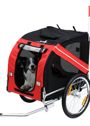 Dog Bike Trailer, Pet Wagon Bicycle Trailer with Easy Folding Cart Frame, 20" Large Rubber Wheels, 3 Entrances, Mesh Screen, Pet Bike Trailer for Off-Road & Travel, Red and Black