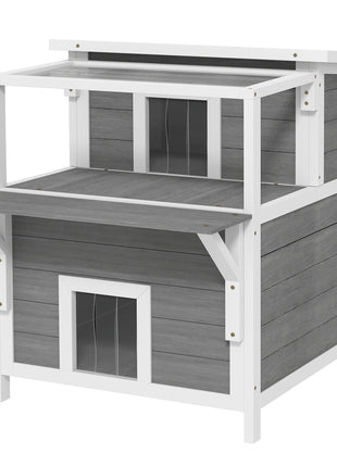 2-Story Wooden Cat House Outdoor with Balcony, Openable Top, Escape Door, Removable Panel & Floor, for Backyard, Outside
