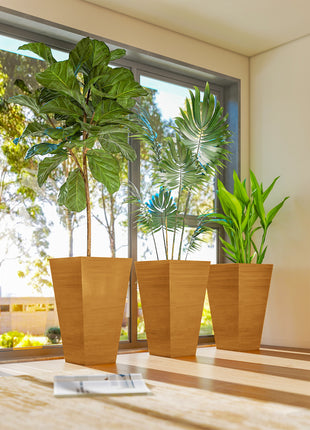 Set of 3 Tall Planters, 28" Outdoor Planter w/ Drainage Holes, Faux Wood Plastic Flower Pots, Light Brown