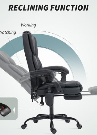 Office Chair with Massage, Pet-Friendly Faux Leather Reclining Desk Chair with Lumbar Support, Footrest, Black
