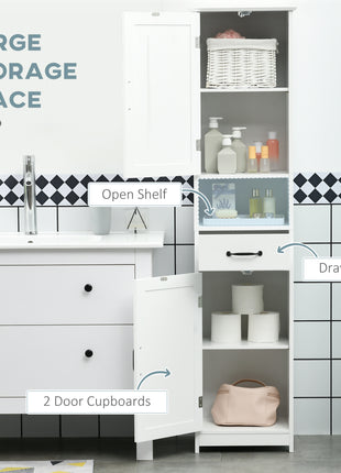 Modern Bathroom Cabinet, Narrow Storage Cabinet with Open Shelf, Drawer, Recessed Doors and Adjustable Shelves, White