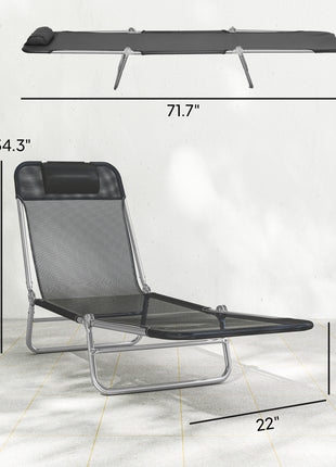 2 Piece Sun Loungers, Folding Chaise Lounge Chairs with Reclining Back, Breathable Mesh Seat, Headrest, Black